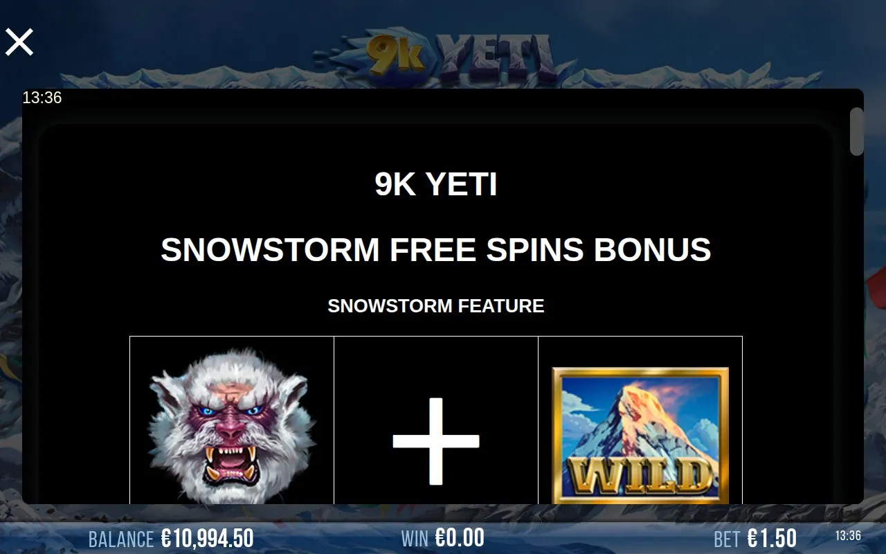 9k Yeti paytable page 1 explaining ways-pays mechanics and the bet line structure