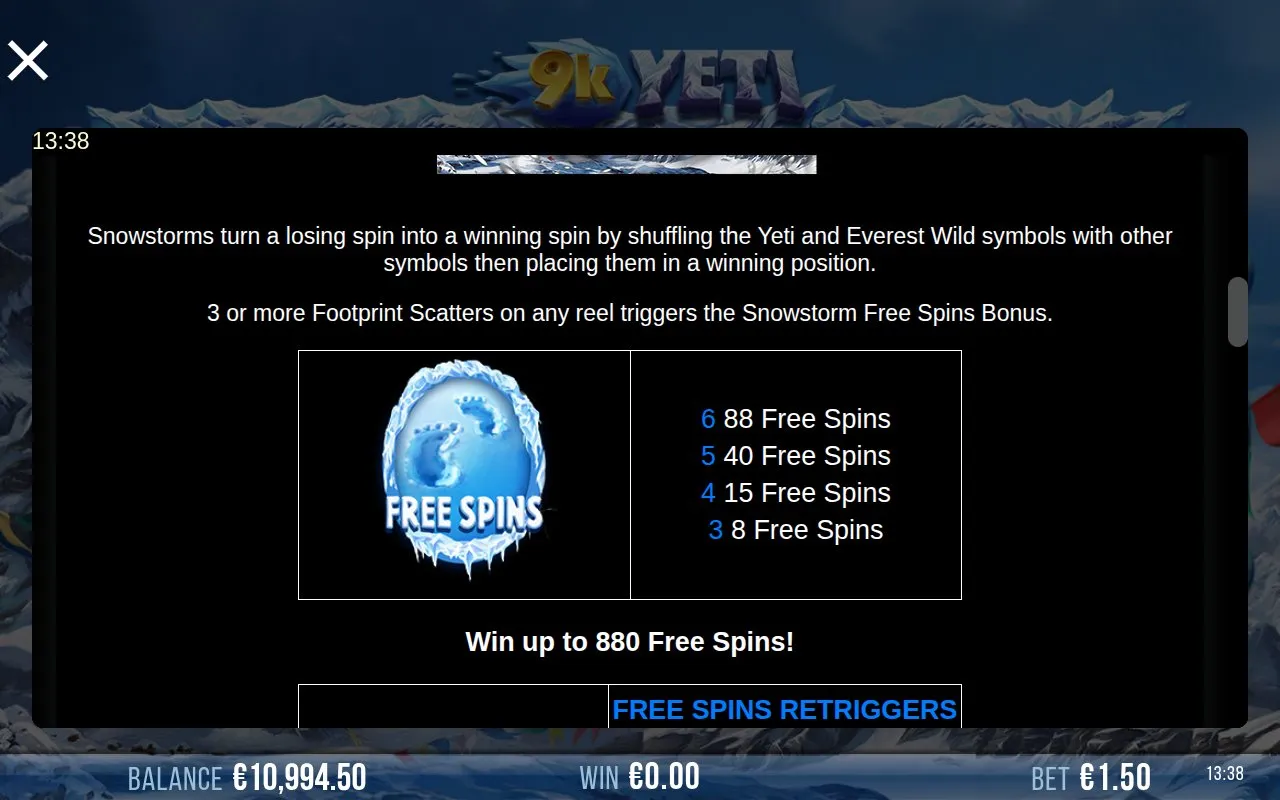 9k Yeti paytable page 3 describing the free spins award schedule from three to six scatters