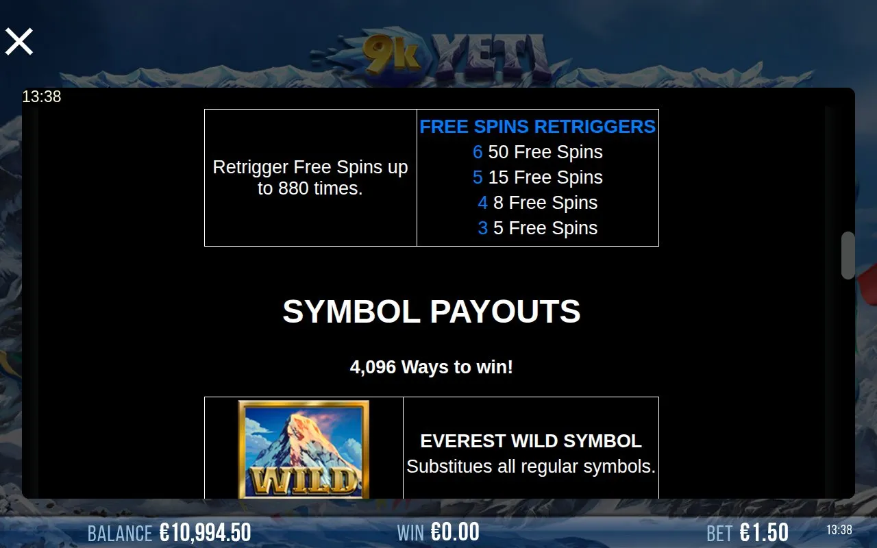 9k Yeti paytable page 4 listing premium symbol payout values
