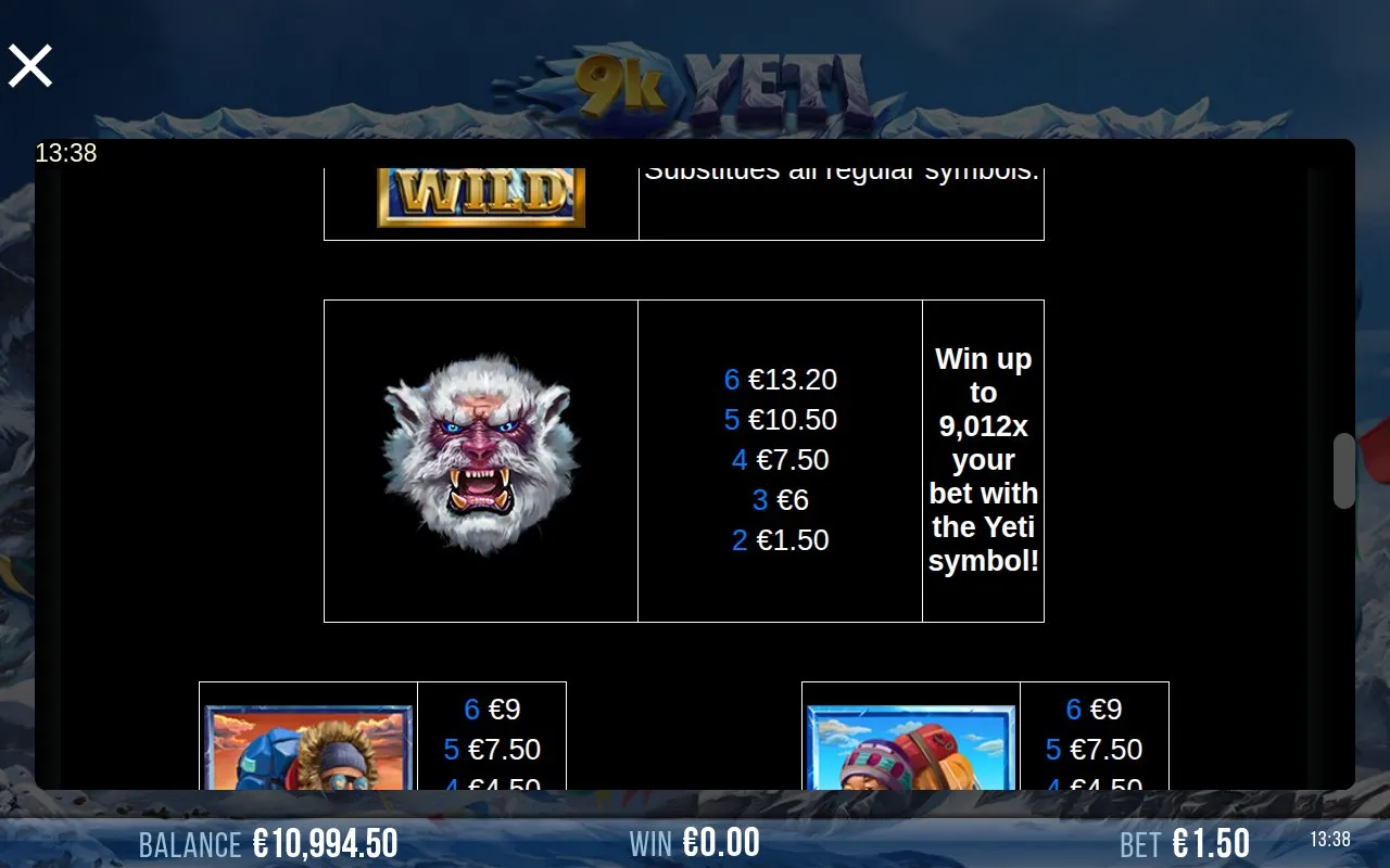 9k Yeti paytable page 5 showing the Yeti premium symbol payout column from two to six of a kind