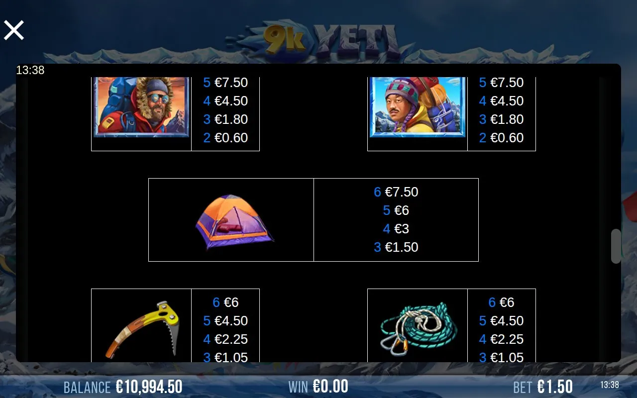 9k Yeti paytable page 6 with the Sherpa, tent and ice axe mid-tier symbol payouts