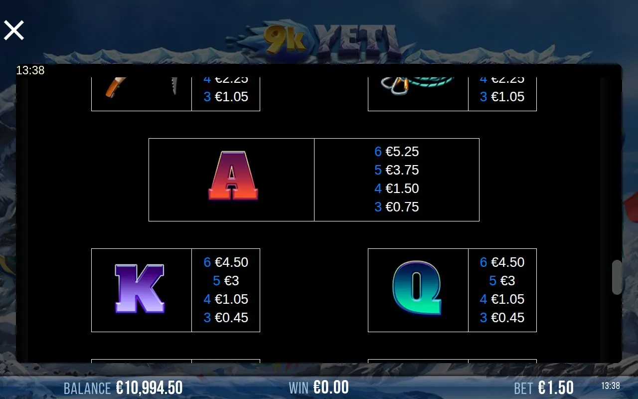 9k Yeti paytable page 7 showing the bell, King and Queen low-tier payouts