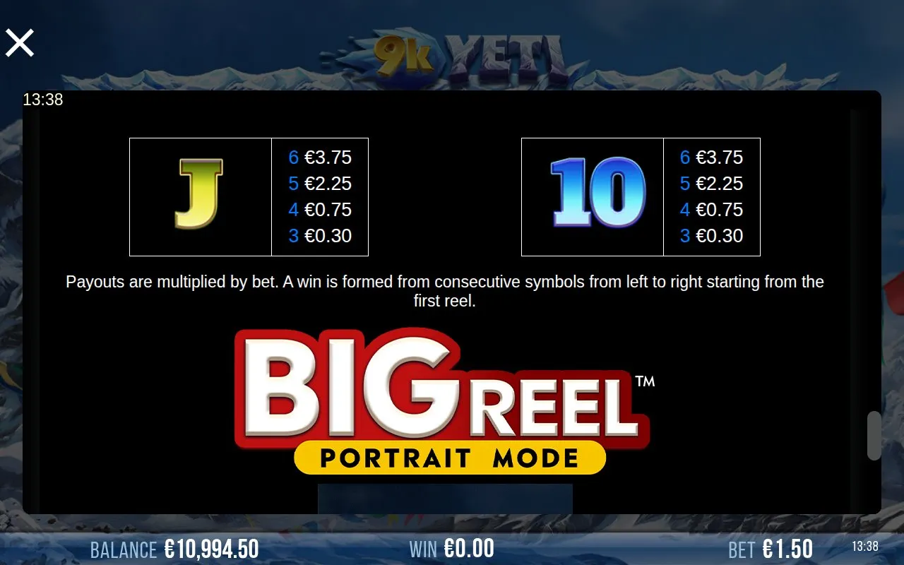 9k Yeti paytable page 8 closing with the Jack and Ten card royal payouts