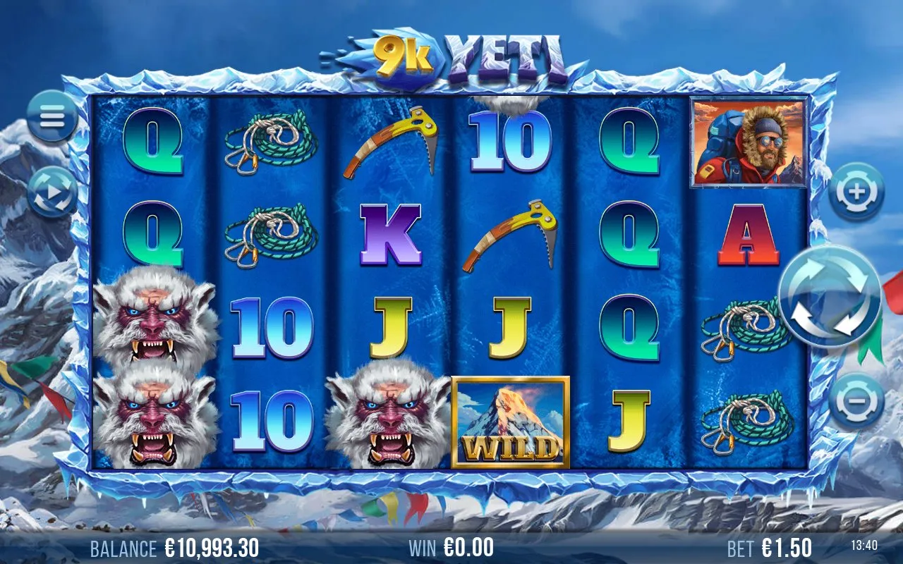 9k Yeti base grid at the start of the demo session, six reels by four rows over a windswept mountain backdrop