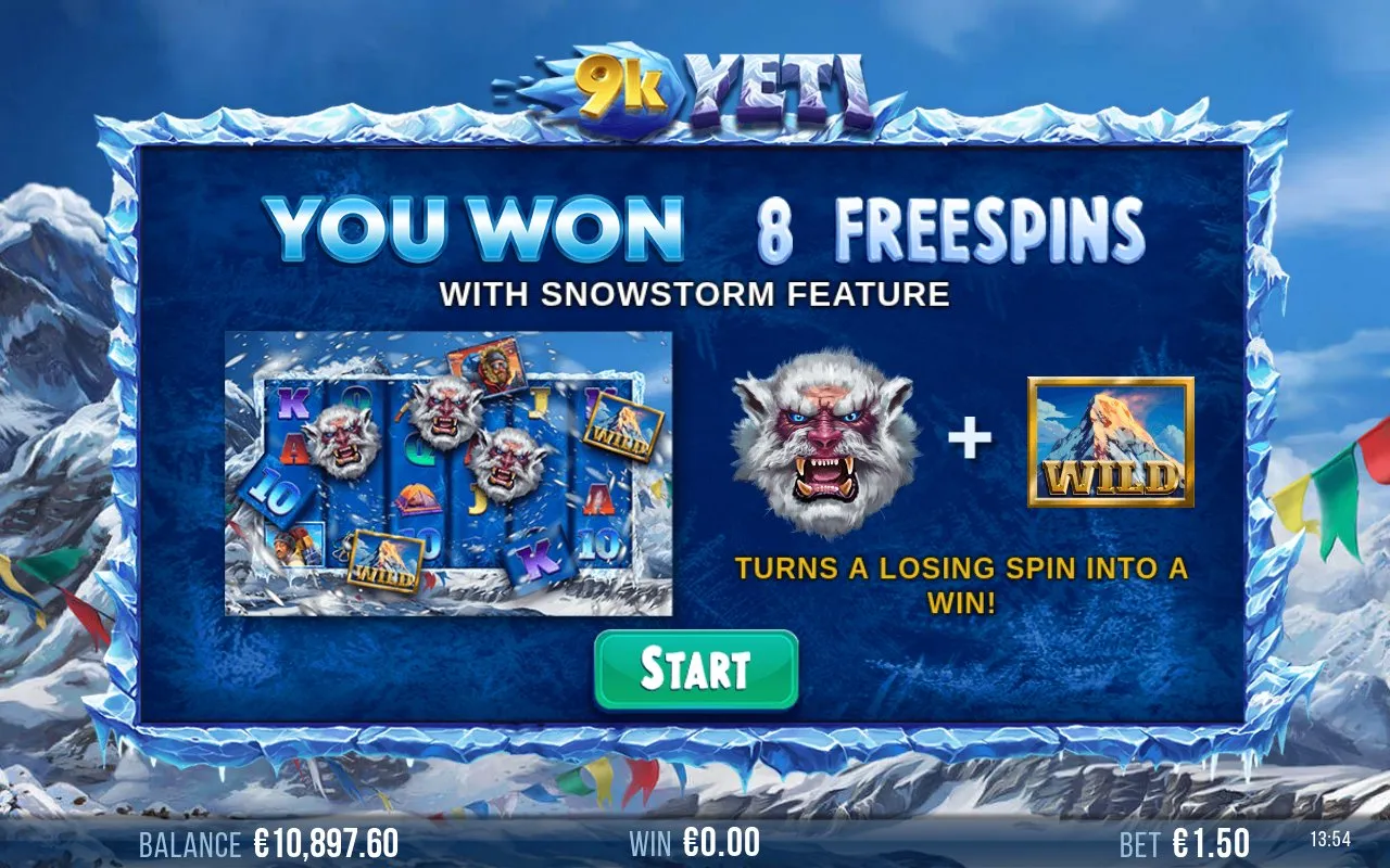 9k Yeti free spins bonus triggered at spin 140 after three ice-crystal scatters landed on the reels