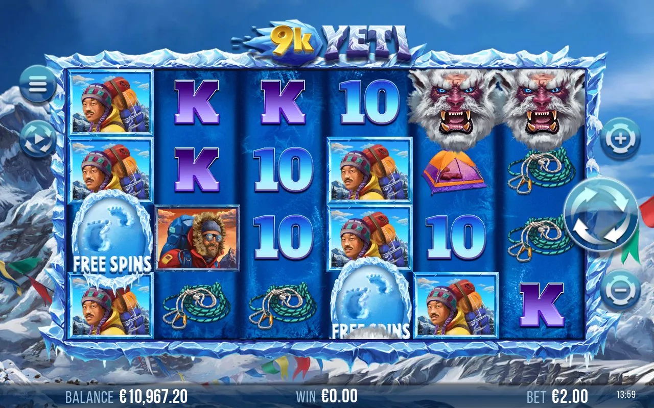 9k Yeti grid late in the demo after 156 spins with the balance drifting downward through the long dry stretch that followed the bonus