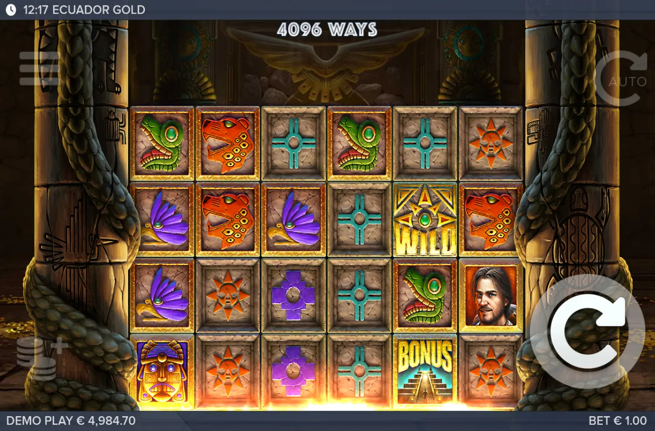 The explorer symbol beside a gold wild on the second row, a bonus pyramid in the corner