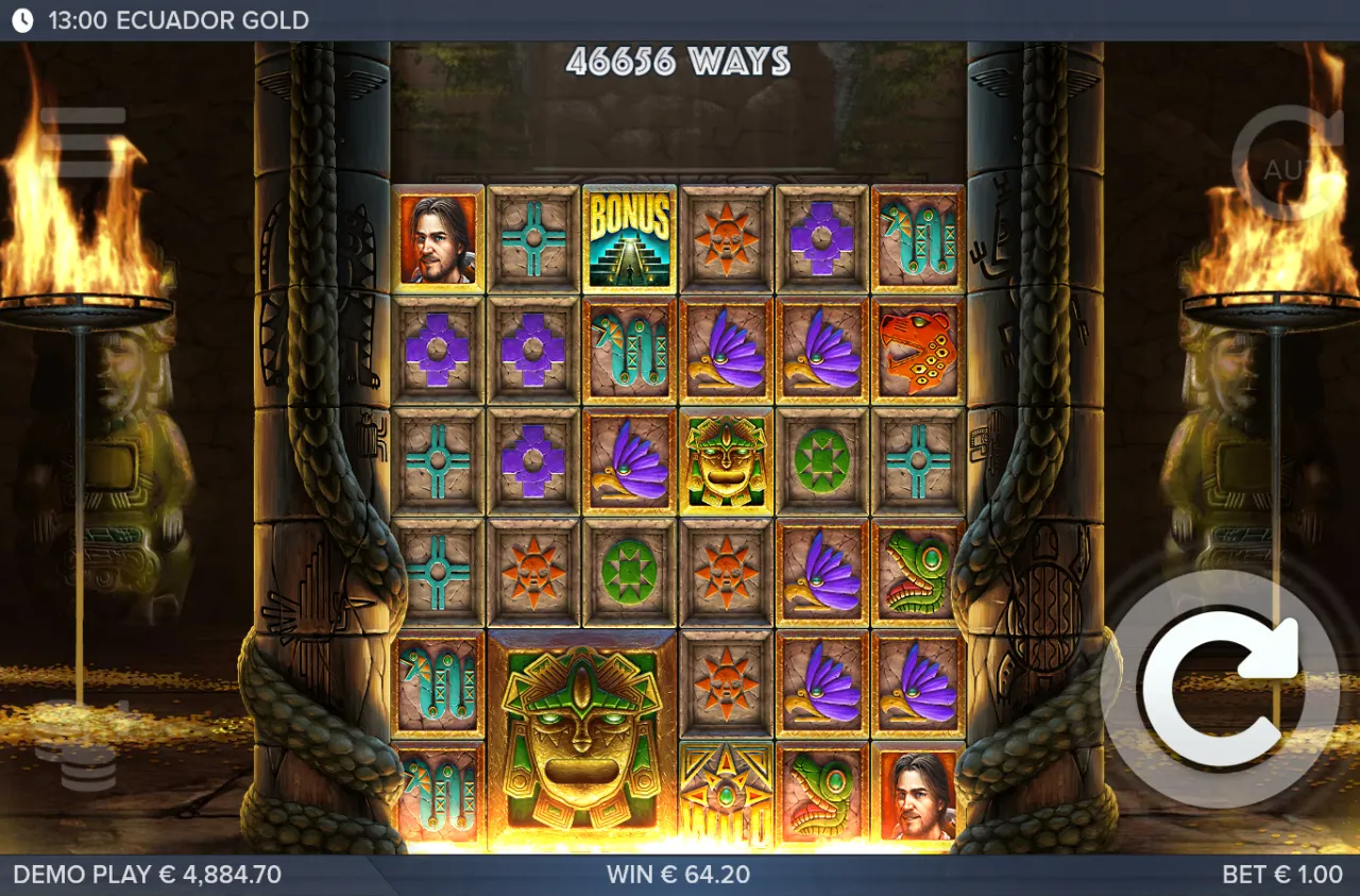 A giant golden pharaoh head on the lower reels, win panel at 64.20