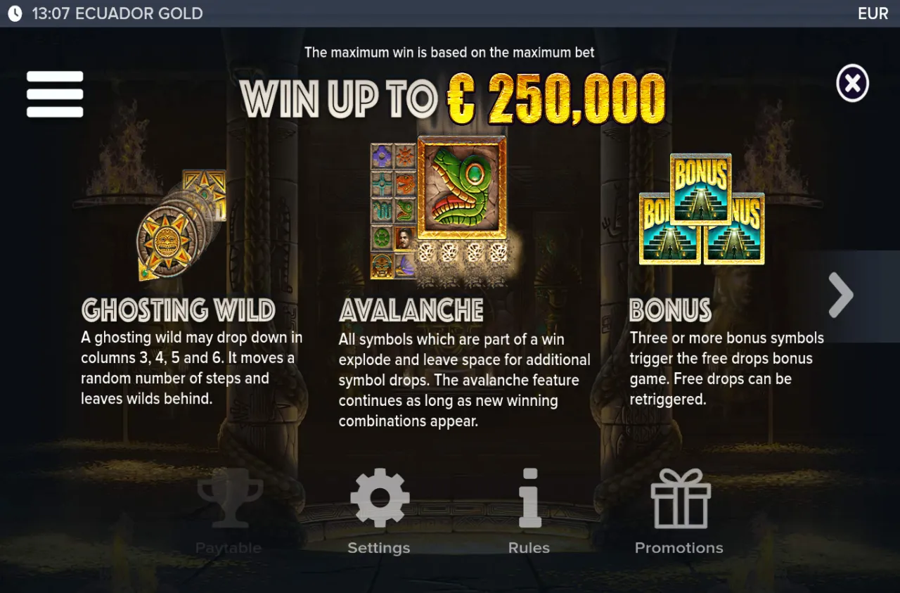 The features panel listing Ghosting Wild, Avalanche and Bonus
