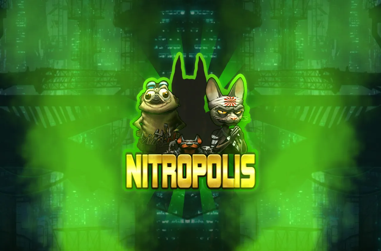 Nitropolis six-reel grid at 4,096 ways with the four animal-gang premiums and a 5,000 balance