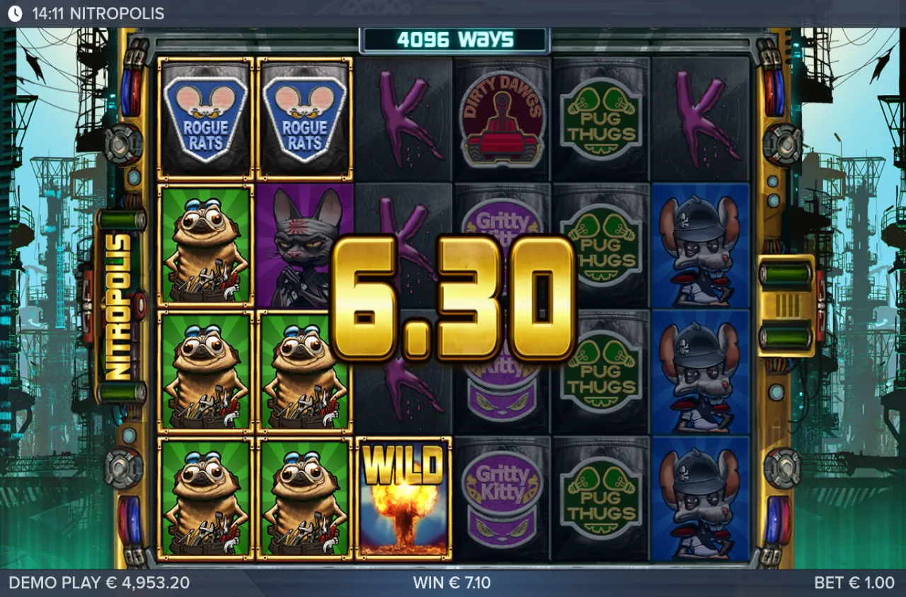 Base-game line win of about seven credits on the six-reel grid