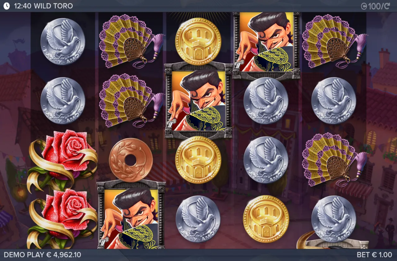 Matador, red rose, purple fan, dove and gold coin symbols on the reels