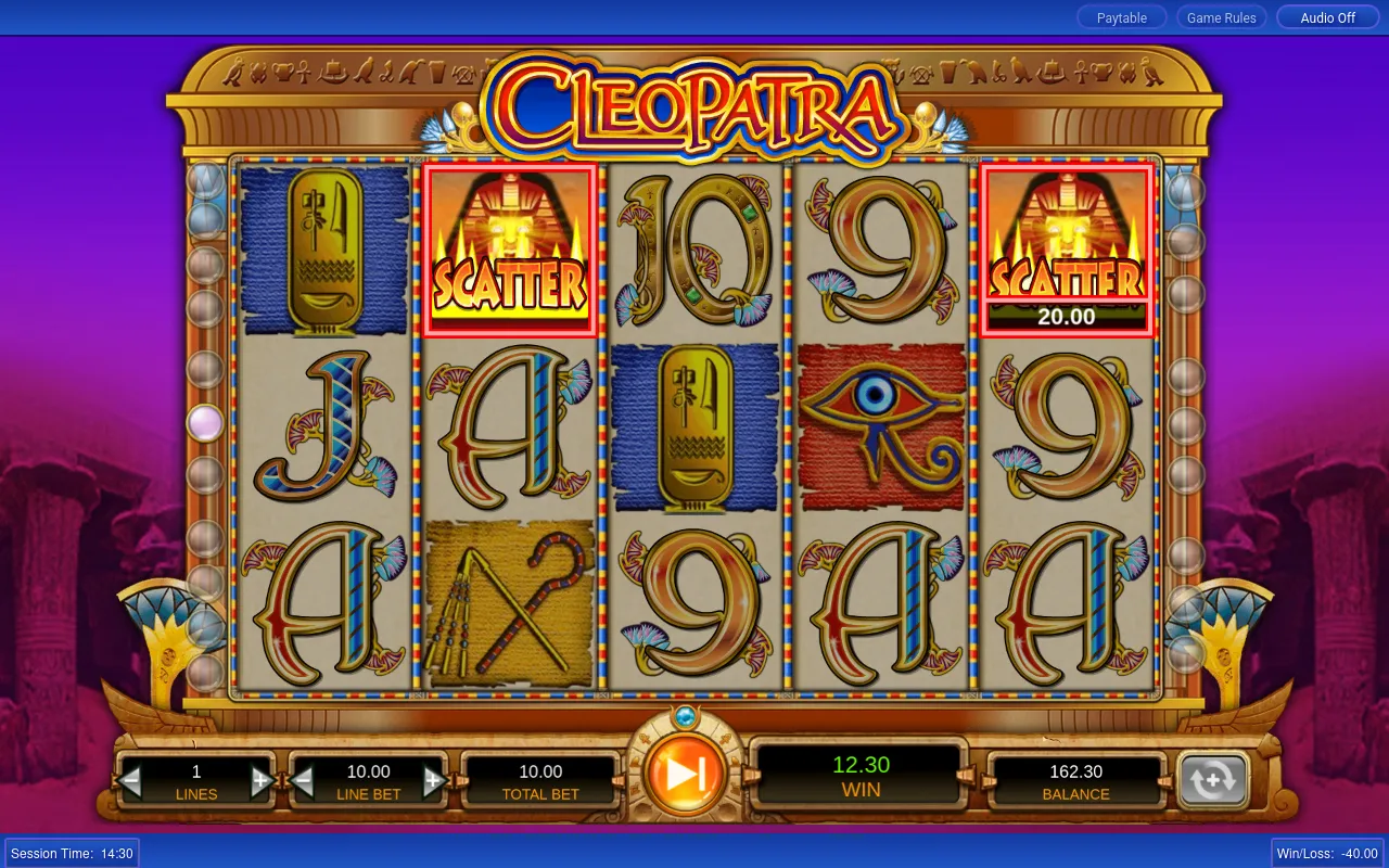 Two Sphinx scatters on reels two and five beside a line of high cards, €12.30 paid