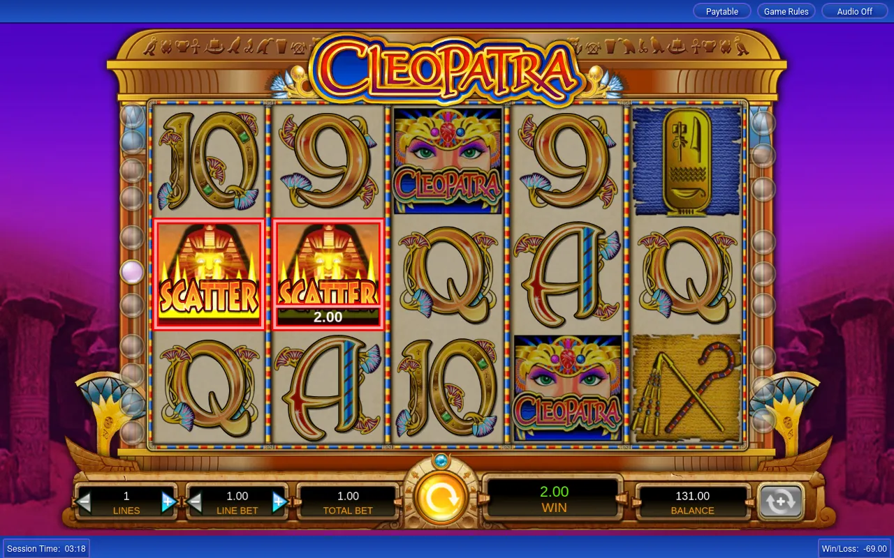 Two scatters on reels one and two with a Cleopatra symbol in the centre, €2.00 win