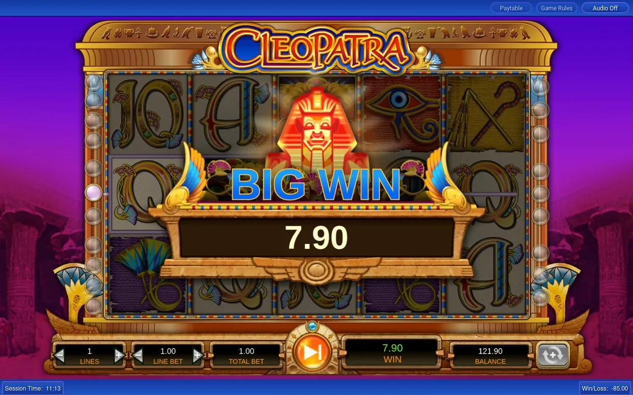 Gilded pharaoh BIG WIN banner over the Cleopatra reels, €7.90