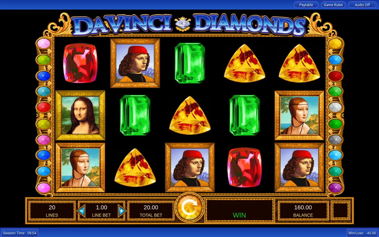 Base 5x3 grid of Renaissance portraits and cushion-cut gems at a 20.00 total bet