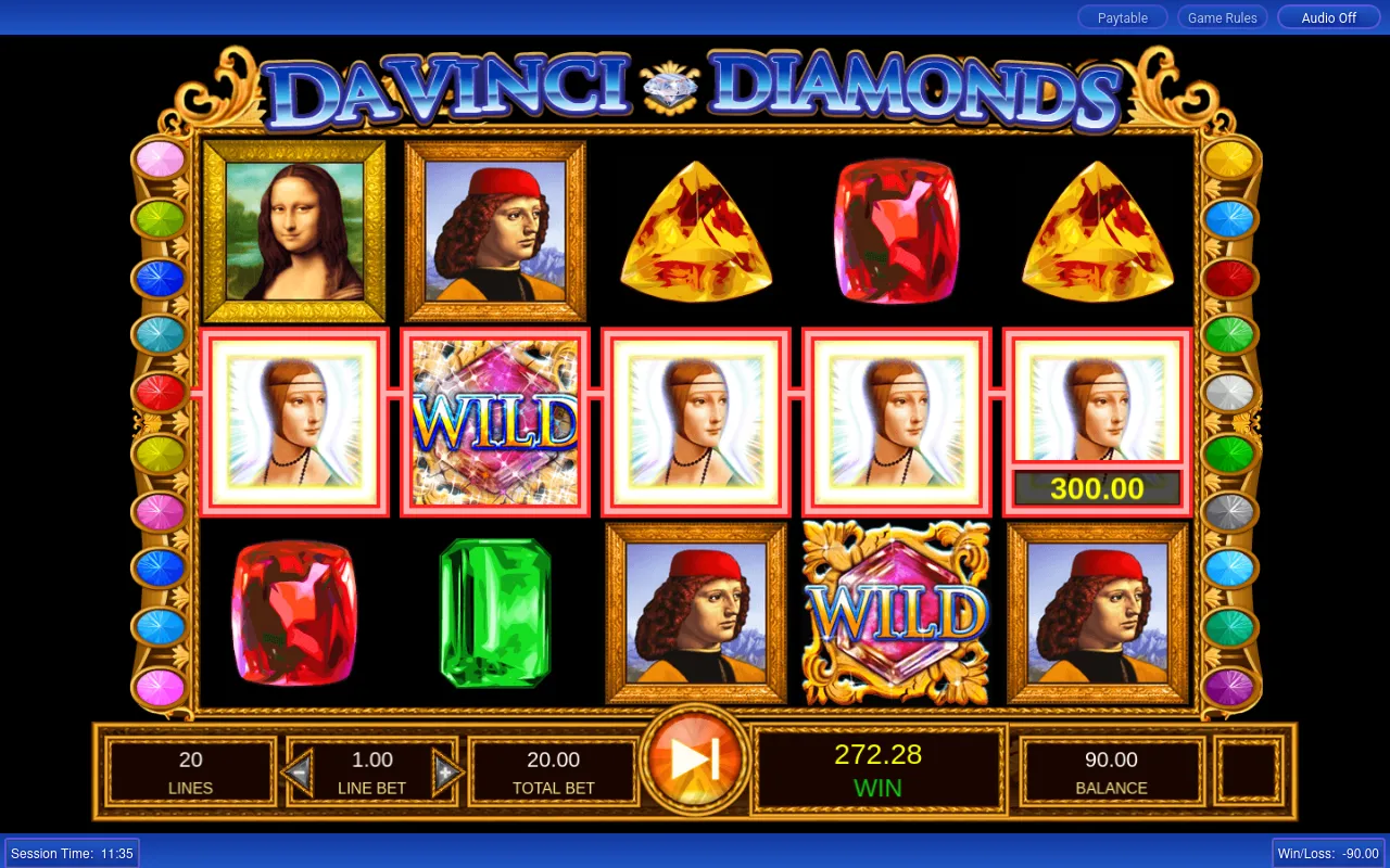 Lady with an Ermine across five reels with two diamond Wilds and a 300.00 line pay shown