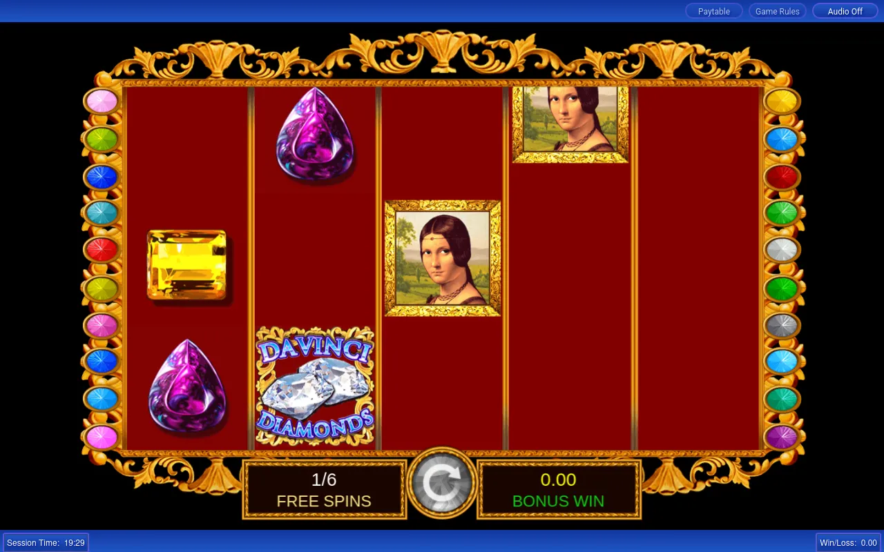 Free spins board on the deep-red bonus background, counter at 1 of 6