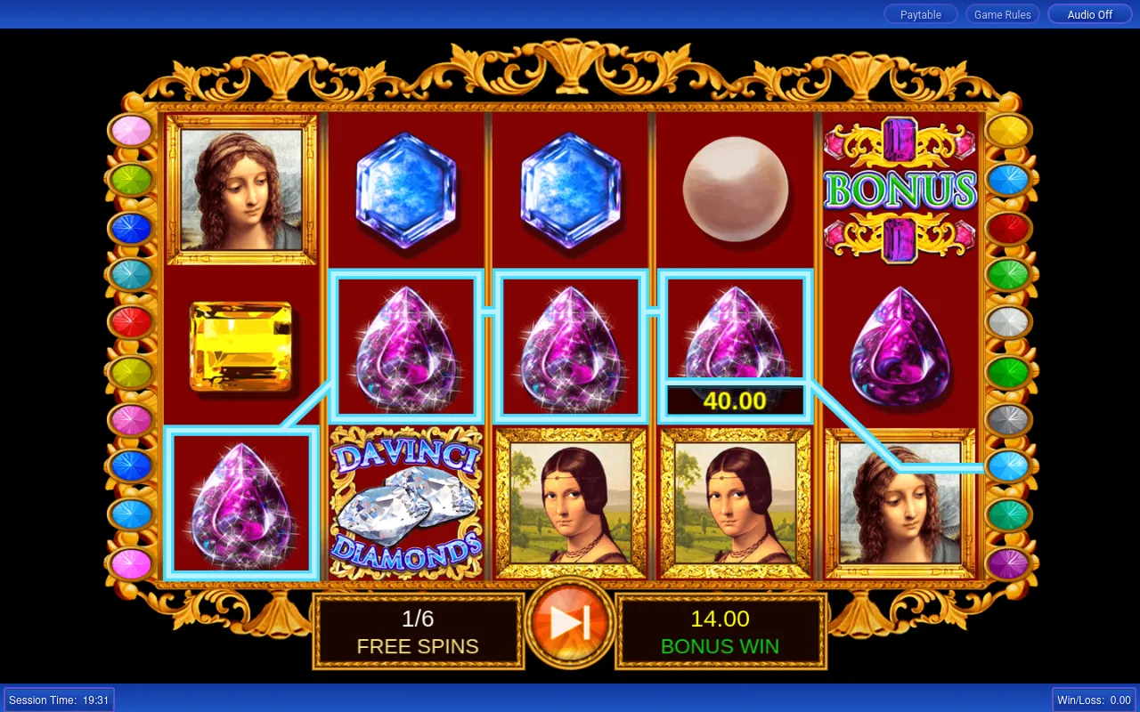 Purple-gem line paying 40.00 during a free-spin tumble