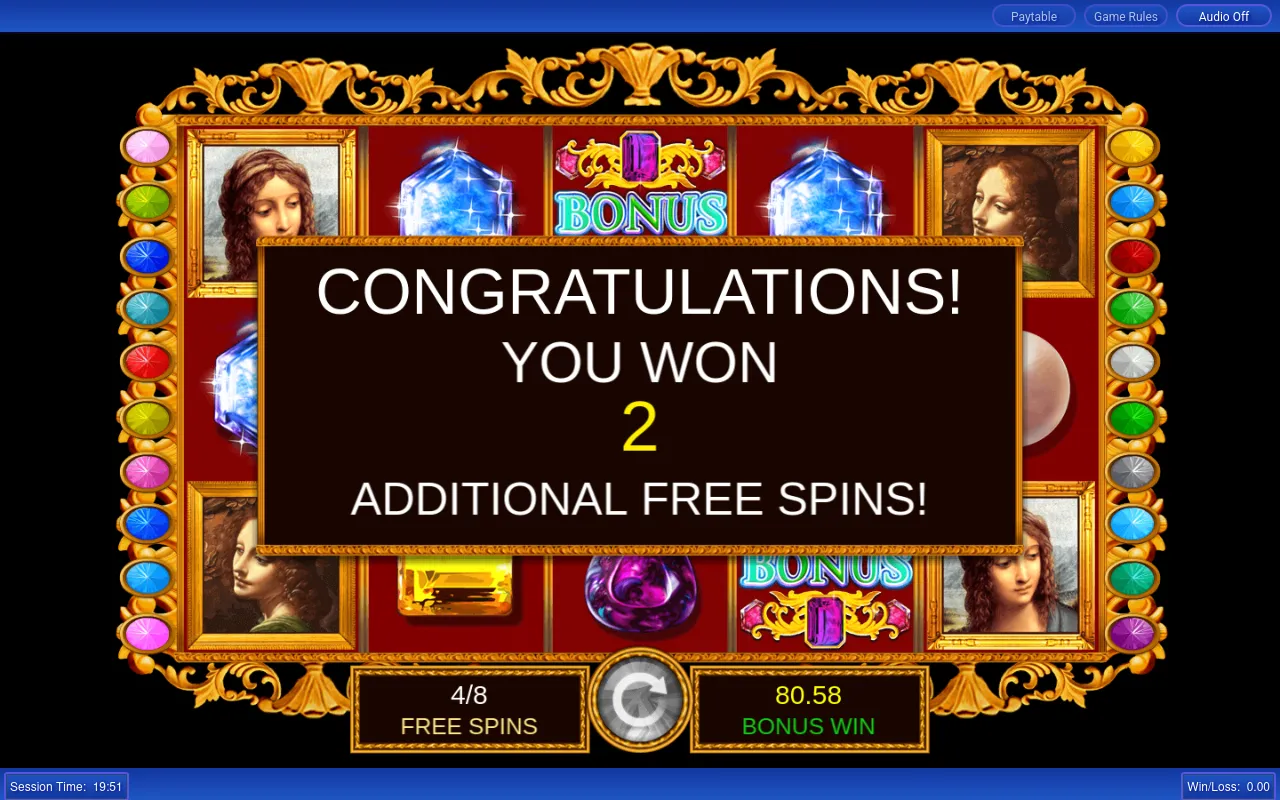 Congratulations card awarding 2 extra free spins, counter at 4 of 8