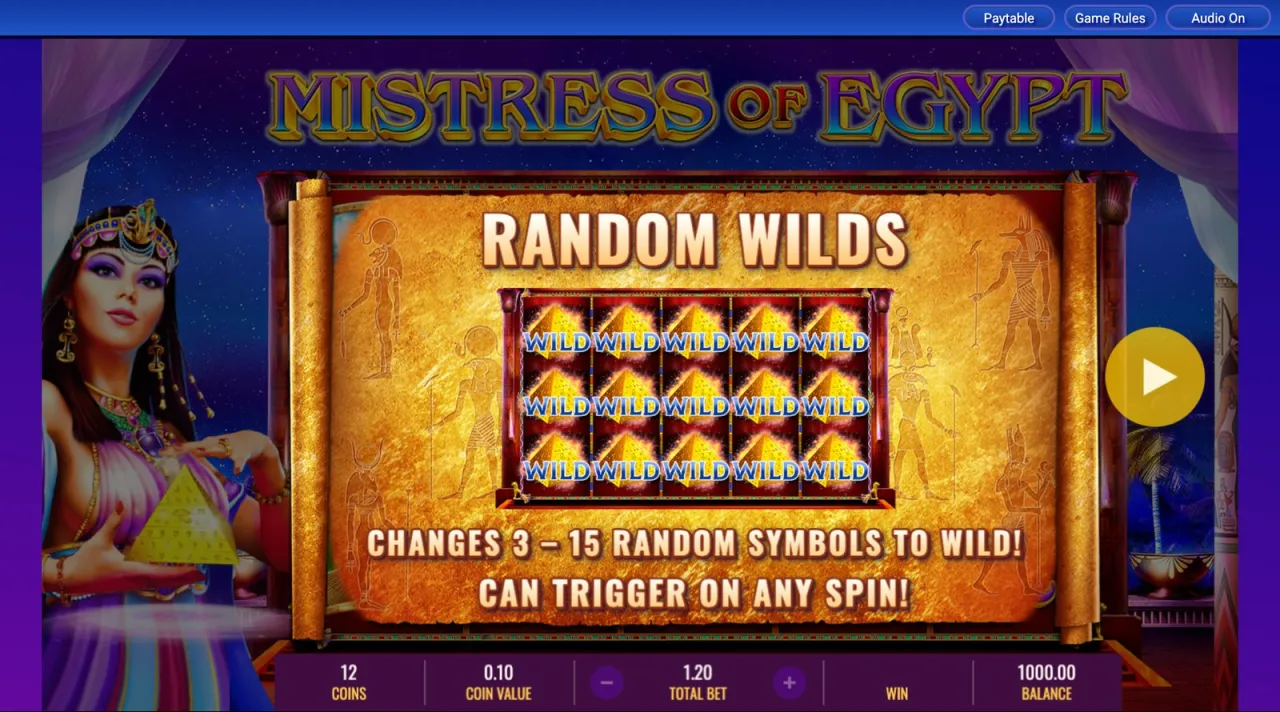 The game's own splash: changes 3-15 random symbols to wild, can trigger on any spin