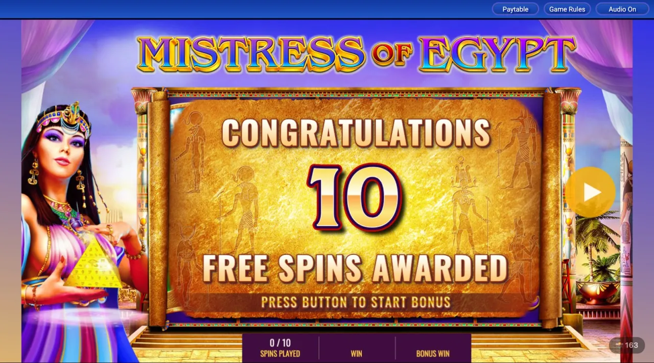 Ten free spins awarded, counter at zero of ten