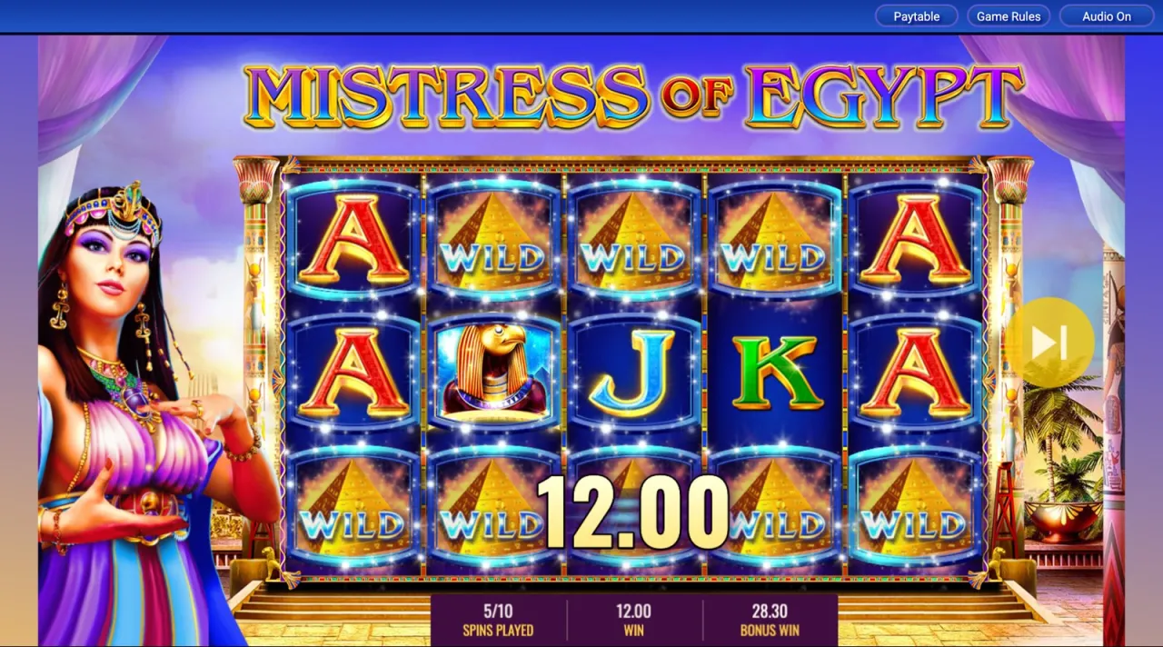 Six wilds pay 12.00 on spin five, total now 28.30