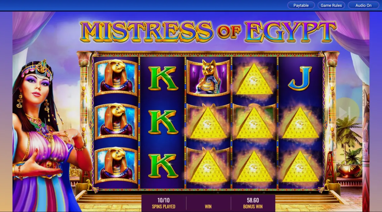 The final free spin, pyramids across three reels, total holding at 58.60