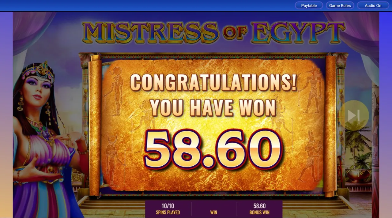 Congratulations, you have won 58.60, ten of ten spins played