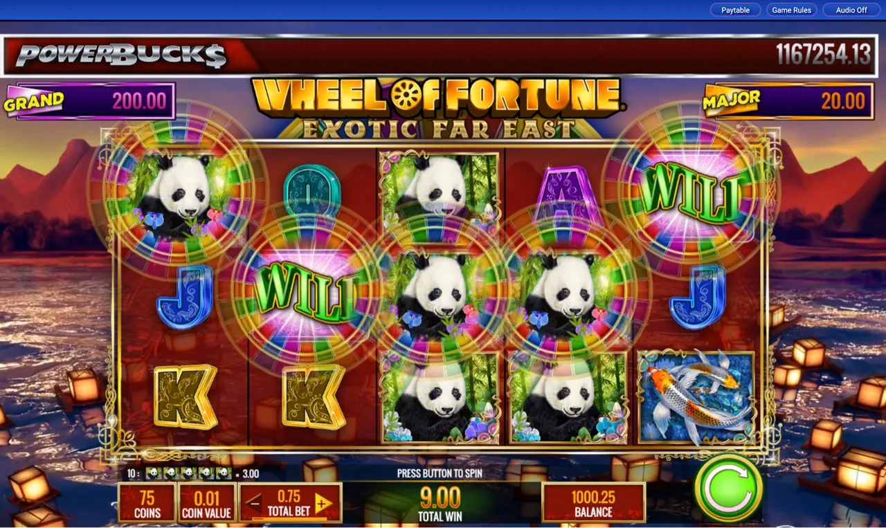 Panda cluster paying 9.00 with celebration rings across the grid