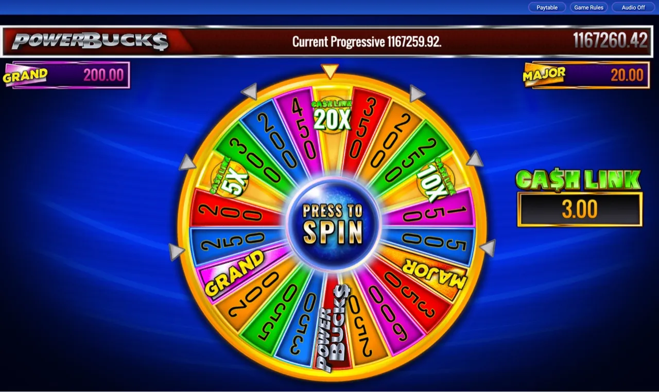 Wheel of Fortune bonus wheel with PRESS TO SPIN prompt and progressive wedges visible
