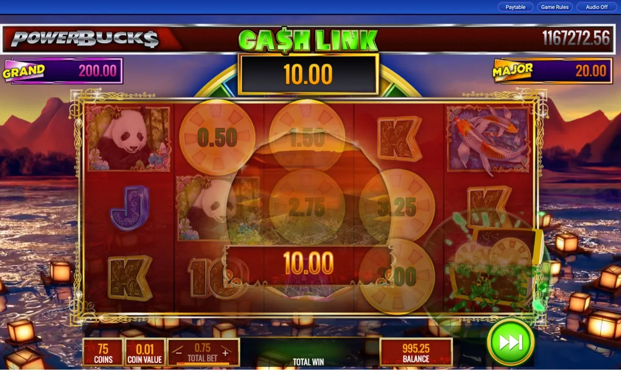 Cash Link celebration with a large 10.00 coin value centred on the grid