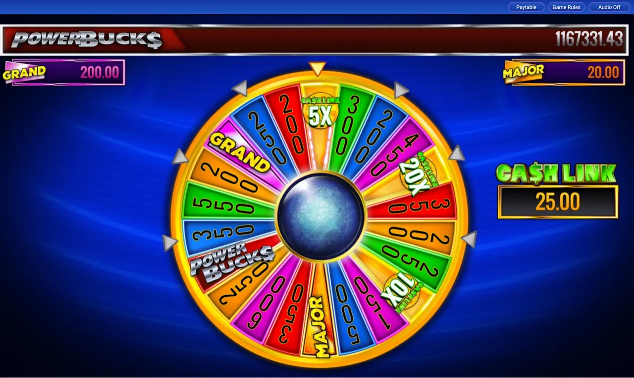 Bonus wheel spinning past POWERBUCKS and 5X wedges with Cash Link pot at 25.00