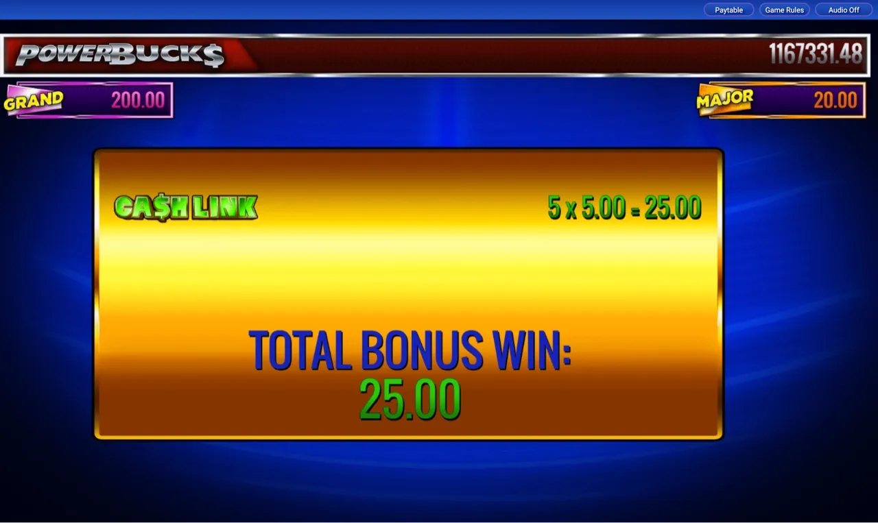 TOTAL BONUS WIN 25.00 result with five 5.00 Cash Link values