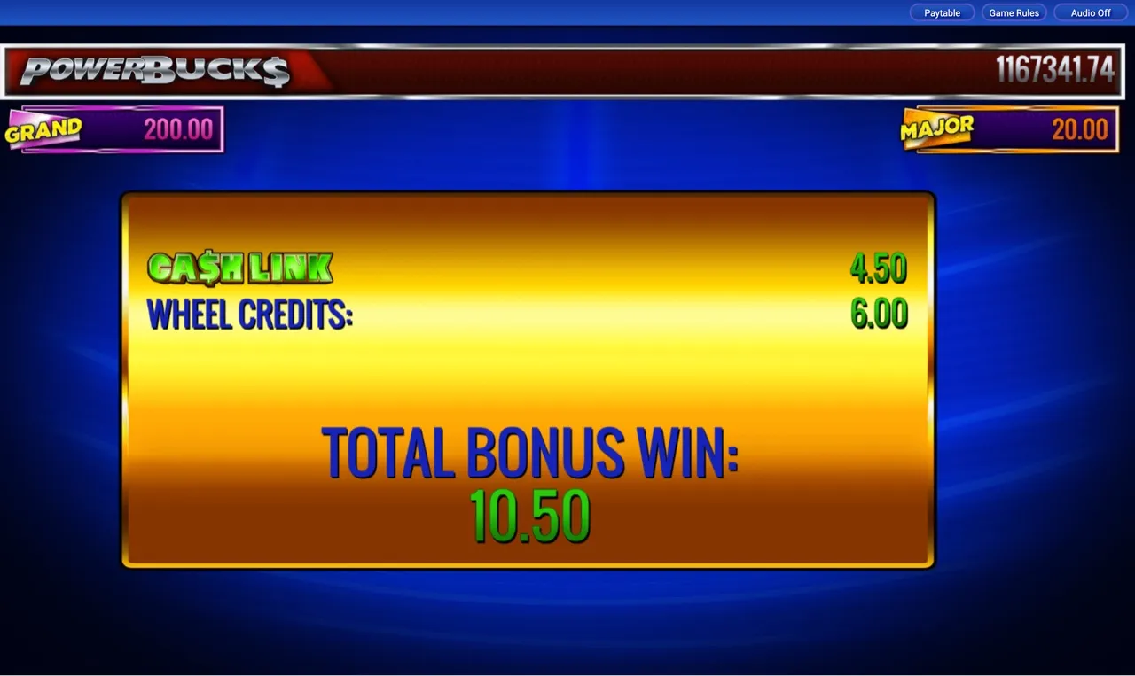 Bonus tally showing Cash Link 4.50 plus Wheel Credits 6.00 for 10.50 total