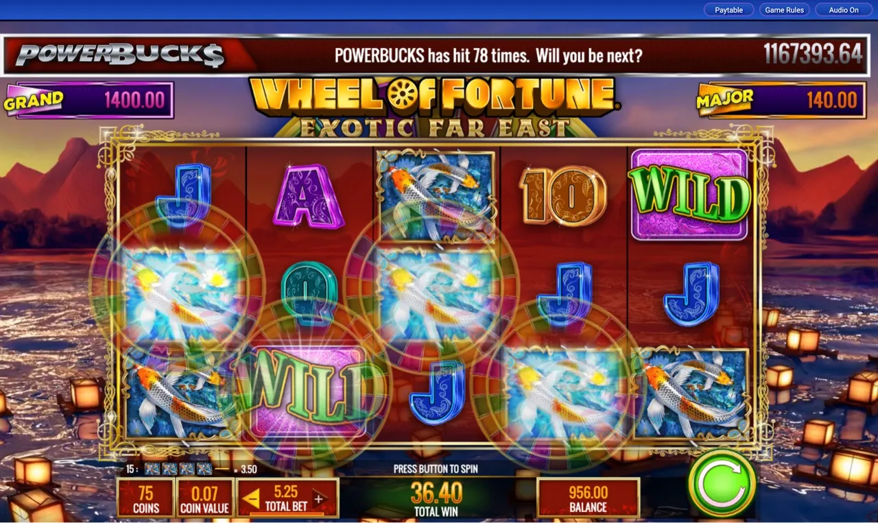 Koi symbols and Cash Link coins filling the grid for the 36.40 session-high win