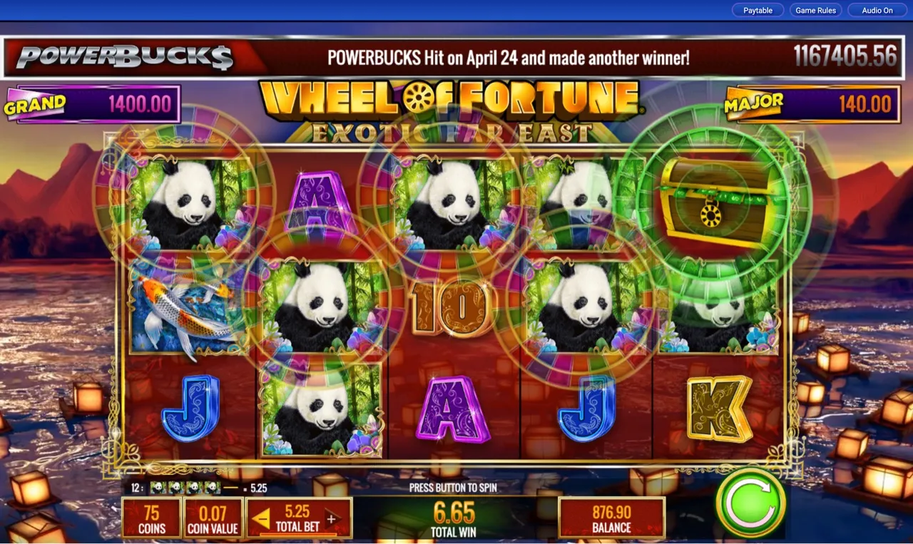 Closing balance at 876.90 credits with a panda line and treasure chest on reel five
