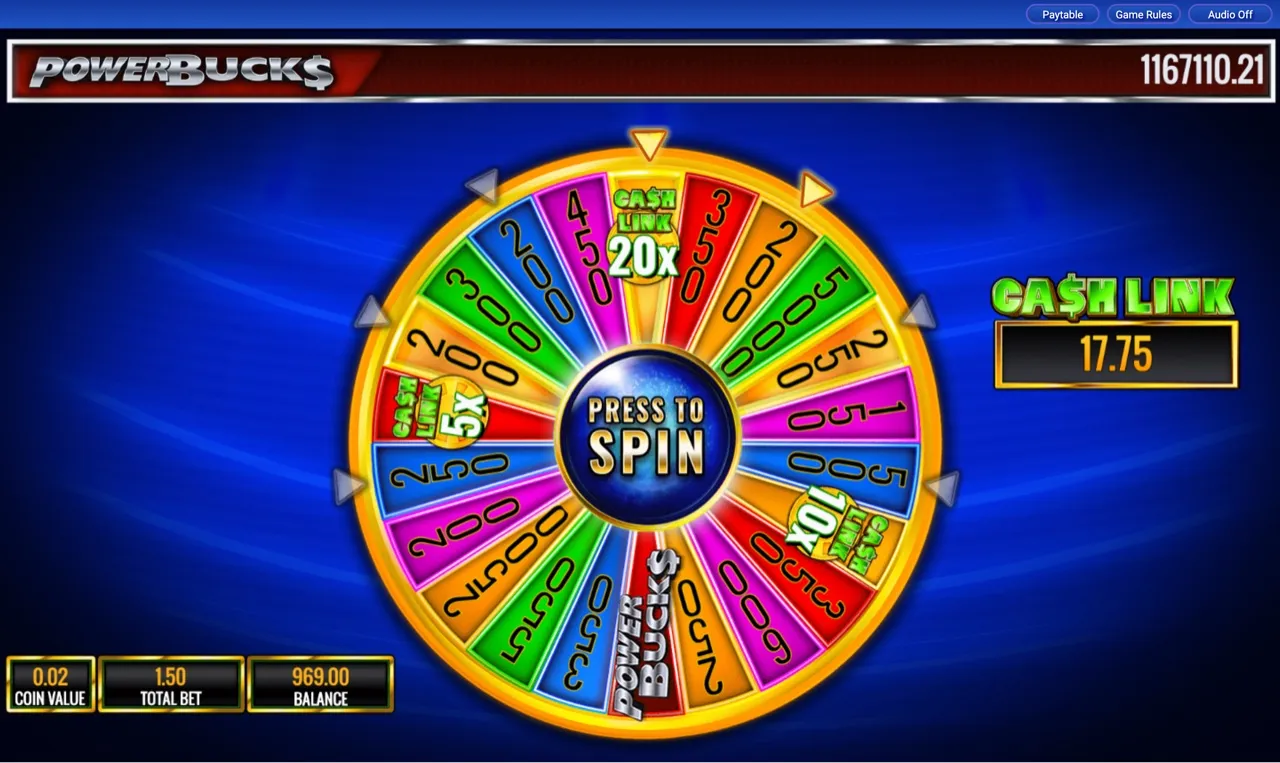 PowerBucks bonus wheel with Press to Spin prompt