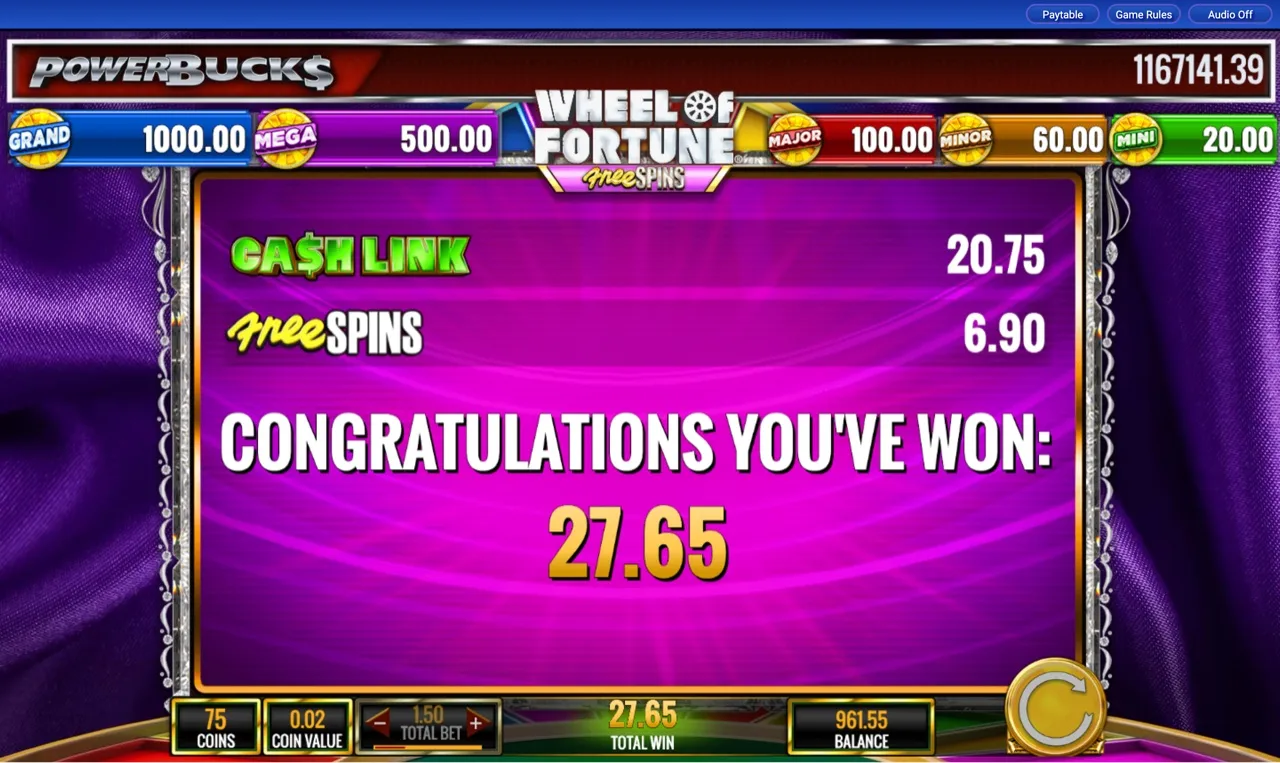 Free spins congratulations screen showing 27.65 total