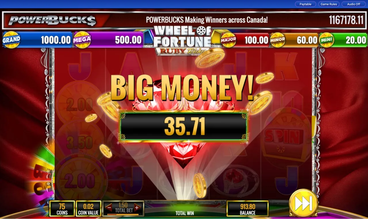 BIG MONEY coin-shower banner counting up payout