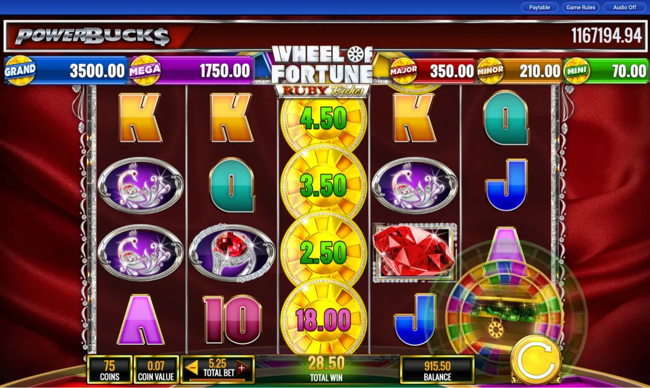 Coin-reel column on reel three with 18-credit top value for 28.50 total