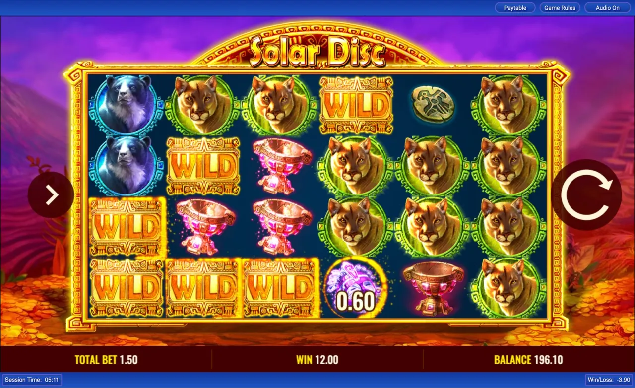 A disc conversion filling the bottom-left corner with five wilds for a 12.00 win