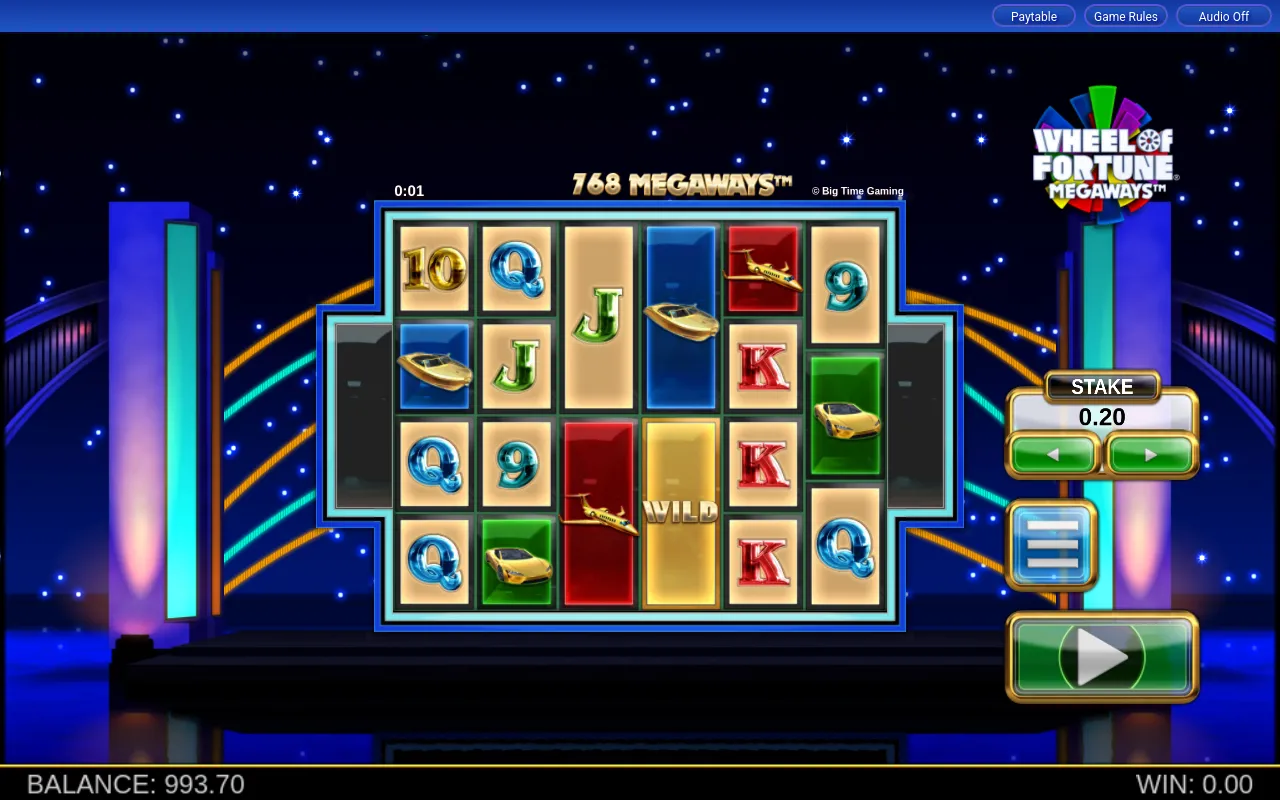 A 768-ways board with a gold WILD on the fourth reel against the stage-lights backdrop