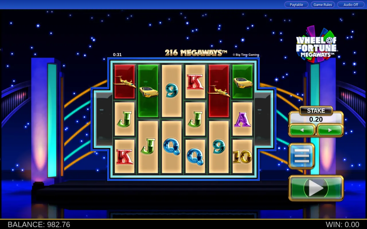A 216 MEGAWAYS spin with a sparse grid and the balance near €982