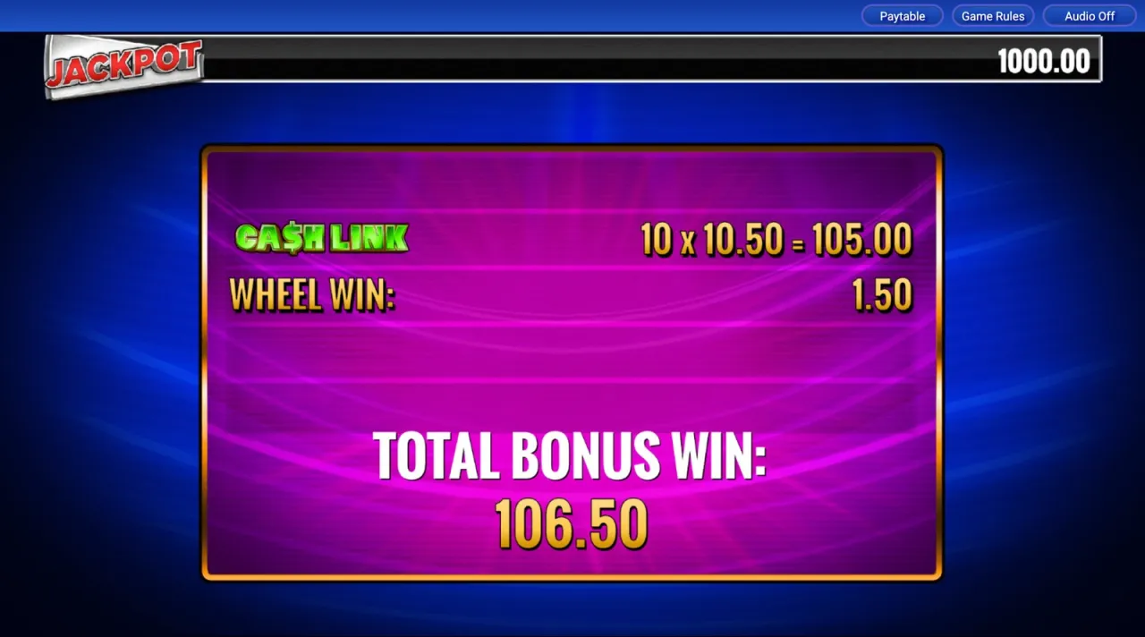 Cash Link 10 x 10.50 = 105.00, total bonus win 106.50