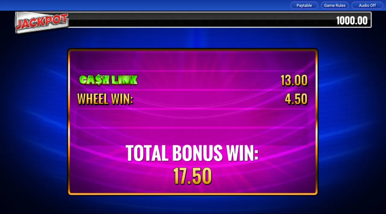 Cash Link 13.00 and wheel win 4.50, total 17.50