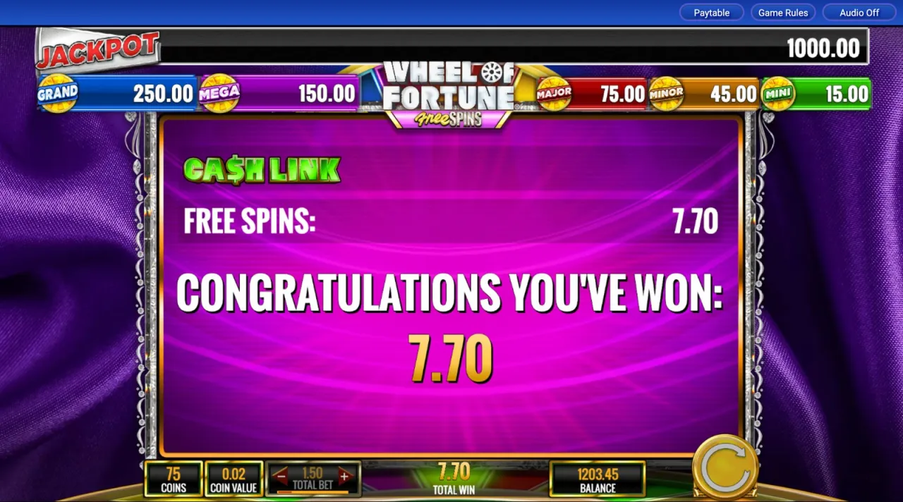 Free spins closing on a 7.70 Cash Link total
