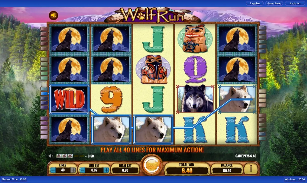 Stacked moon-howl wilds across reels one and two with labelled WILD on reel one, TOTAL WIN 6.40, balance 179.40
