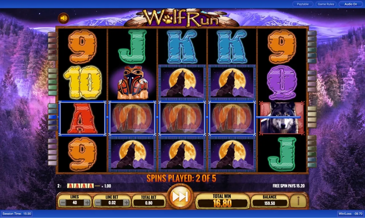 Round three, spin two of five: full stacked howling-wolf-moon columns across reels two, three and four, FREE SPIN PAYS 15.20