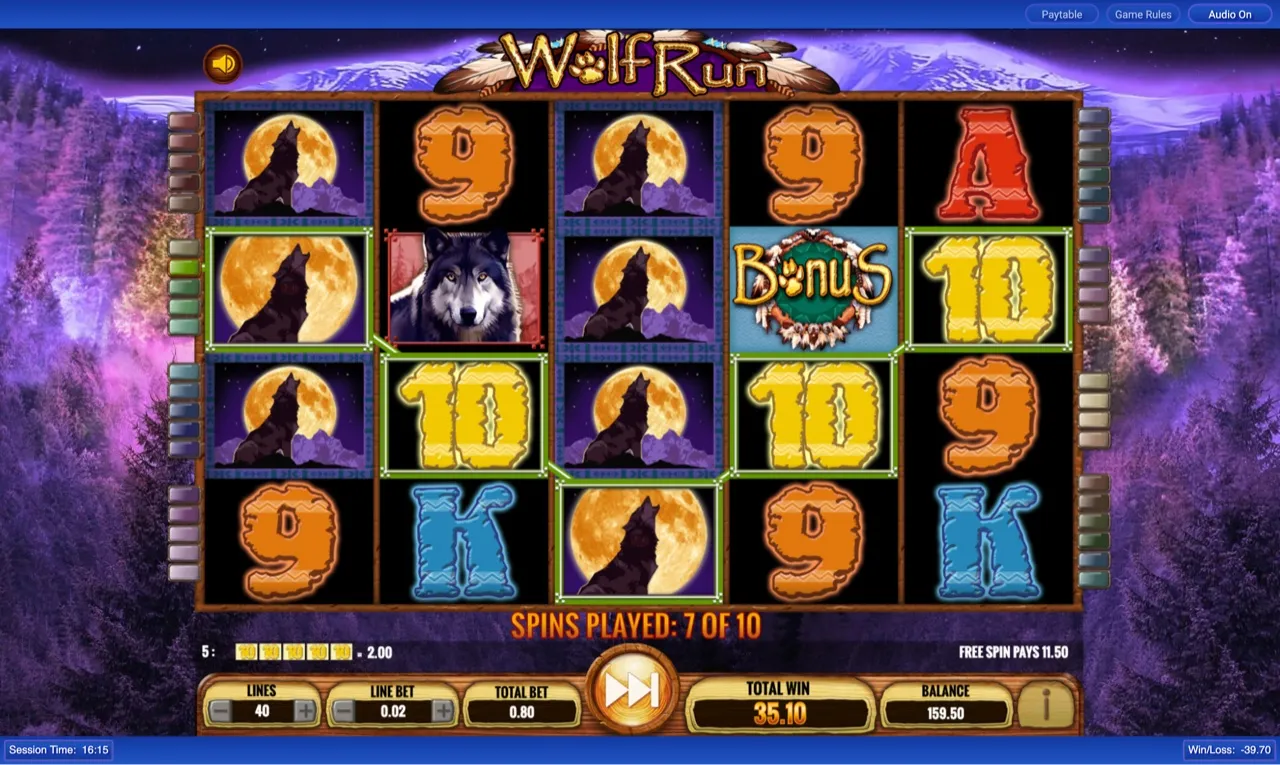 Round three, spin seven of ten: full stacked wolf-moon columns across reels one, three and four, FREE SPIN PAYS 11.50